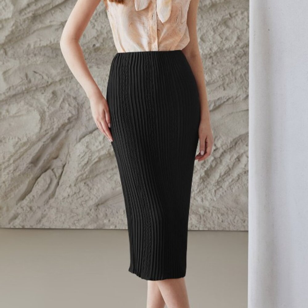 MOTF Skirt Womens Large Black Pleated Midi Pencil Skirt Minimalist Career Casual